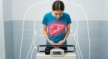 Mujer en báscula digital que muestra 75 kg, con una imagen brillante de un hígado sobre su abdomen y una silueta corporal transparente.