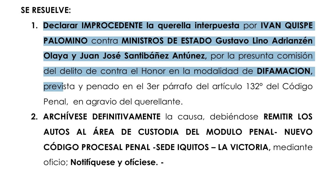 PJ rechaza querella de Iván Quispe Palomino.
