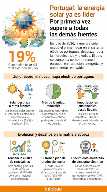 Infografía de Infobae sobre energía solar en Portugal con un sol de paneles solares, mapa del país, turbinas eólicas, presa, torres eléctricas, texto y gráficos de datos.