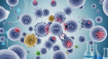Imagen biomédica de células CAR-T azules atacando linfocitos B con marcadores rojos. Se observan otras células inmunes y material de laboratorio borroso al fondo.