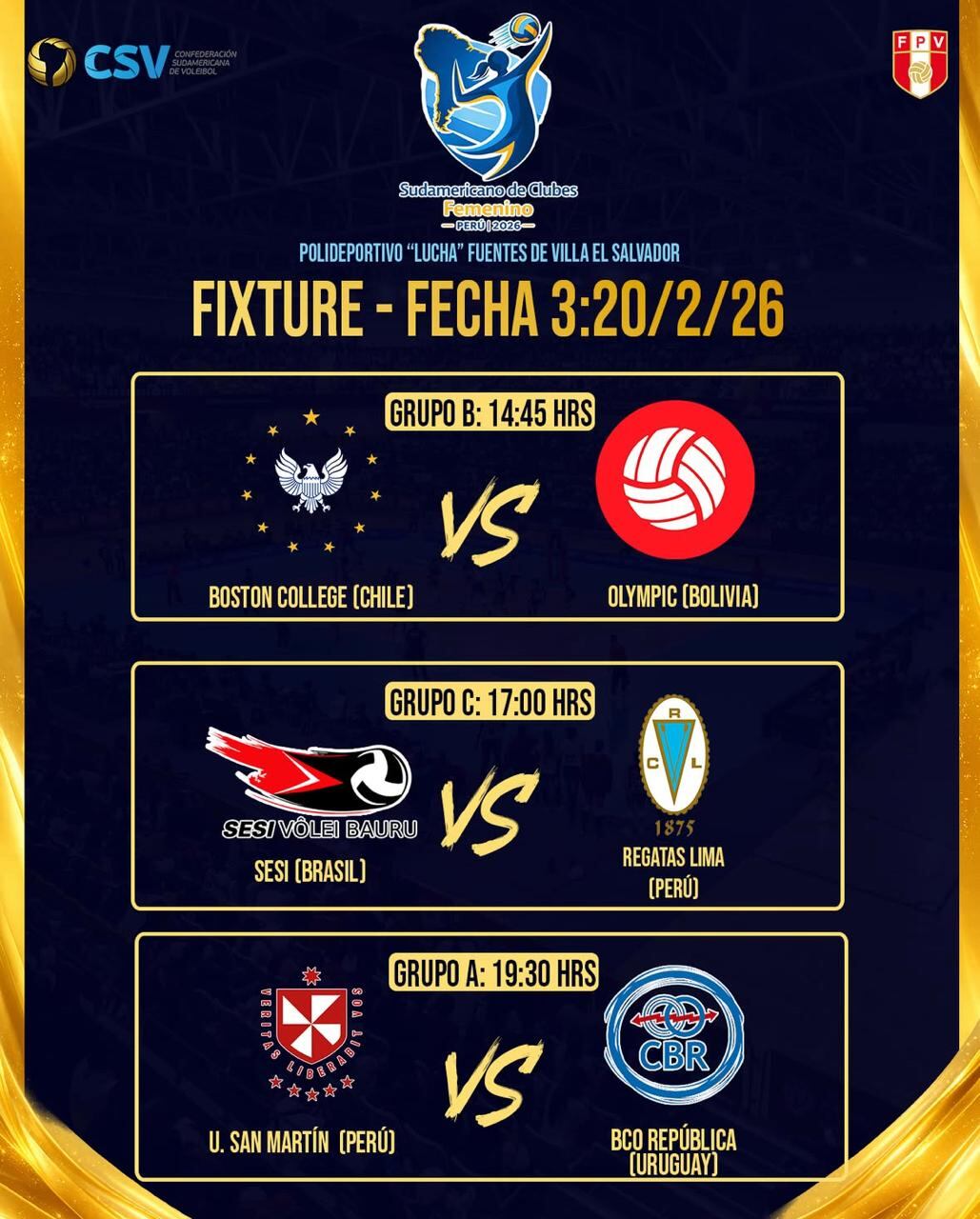 Programación de la fecha 3 del Sudamericano de Clubes de Vóley 2026 (FPV)