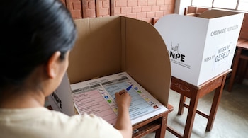 Una persona de espaldas marca una cédula de votación dentro de una cabina electoral. Otra cabina vacía se observa al lado y una pared de ladrillos.