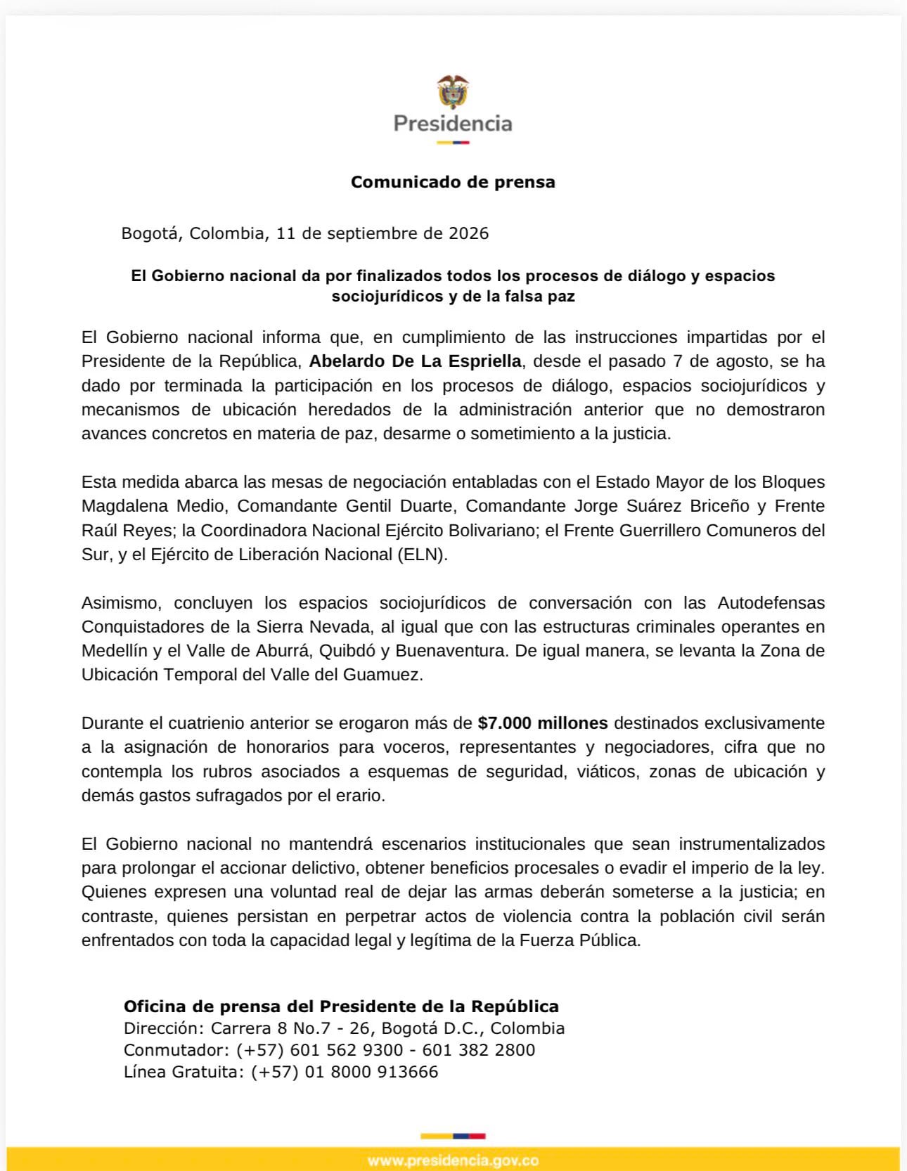 A través de este documento, el Gobierno de Abelardo de la Espriella oficializó el desmantelamiento de la Paz Total de Gustavo Petro - crédito Presidencia