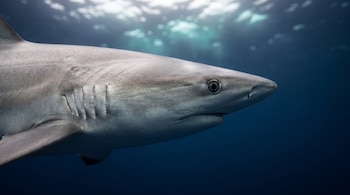 Tiburón sedoso en plano lateral bajo el agua. Se observa su cabeza, ojo oscuro, branquias y parte del lomo gris plateado con fondo azul difuminado.