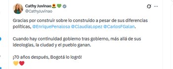 La congresista Catherine Juvinao celebró avances en las obras del metro de Bogotá - crédito @CathyJuvinao/X