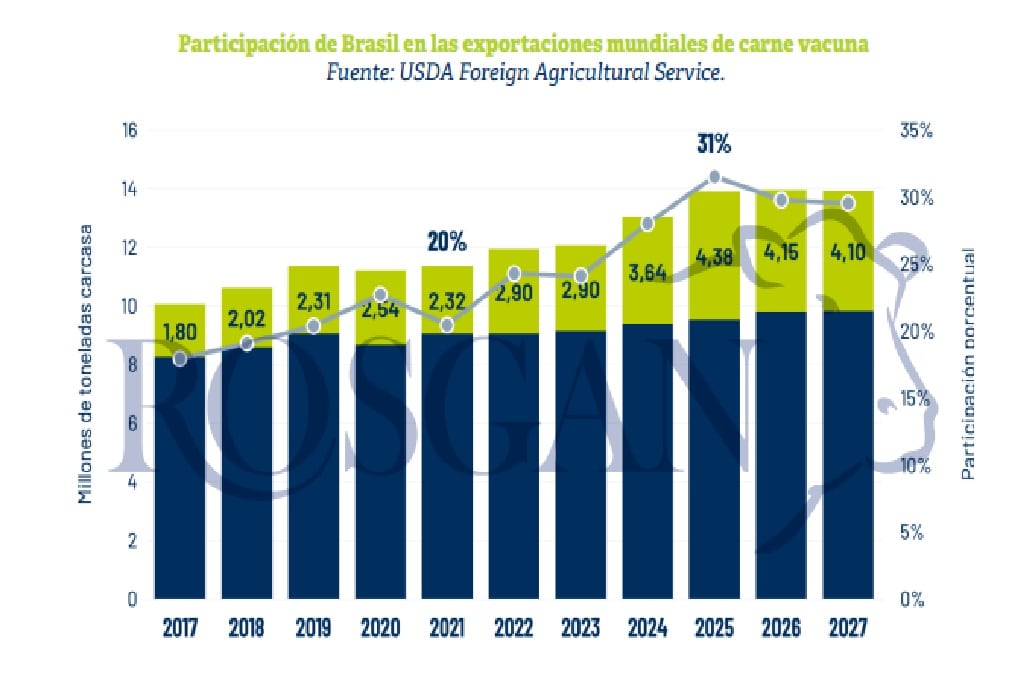 Brasil pasó de representar alrededor del 20% del comercio mundial en 2021 amás del 30% apenas cuatro años después (Rosgan)
