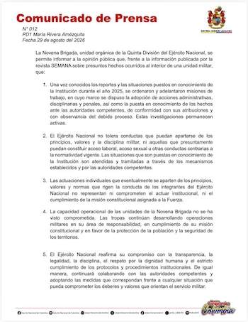 El Ejército Nacional de Colombia se refirió al escándalo de la unidad militar y aseguró que no tolerará conductas que vayan en contra de sus principios - crédito @COL_EJERCITO/X