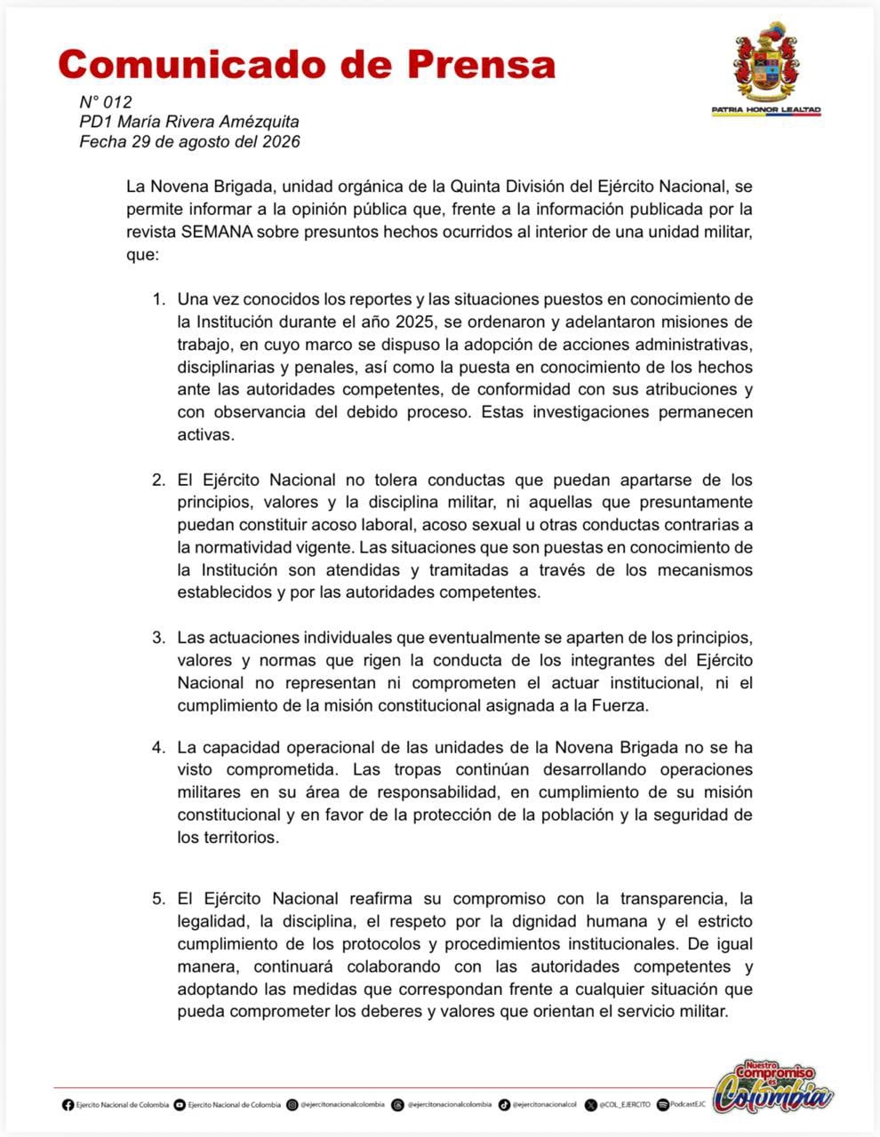 El Ejército Nacional de Colombia se refirió al escándalo de la unidad militar y aseguró que no tolerará conductas que vayan en contra de sus principios - crédito @COL_EJERCITO/X