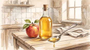 Botella de vidrio con tapón de corcho, manzana con hojas, cuchara de metal con líquido y paño sobre una mesa de madera en una cocina