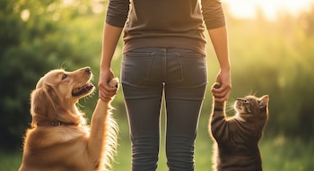 Una persona de espaldas sostiene una pata de un perro golden retriever a su izquierda y la pata de un gato atigrado a su derecha, al atardecer.