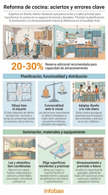 Infografía sobre reforma de cocinas, mostrando un antes (caos) y un después (cocina moderna y organizada) con consejos sobre planificación, materiales e iluminación.