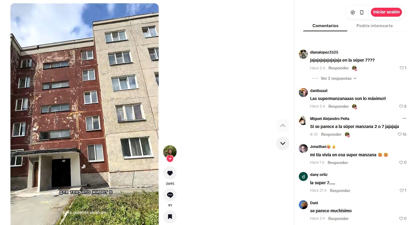 El video generó comentarios entre usuarios que también encontraron semejanzas entre las edificaciones rusas y las supermanzanas del suroccidente de Bogotá - crédito @bnasamu/TikTok