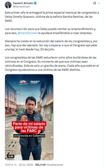 Briceño hizo el anuncio la mañana del lunes 20 de julio de 2026 - crédito @Danielbricen/X