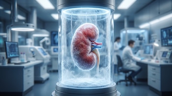 Un riñón humano con escarcha y venas azules y rojas dentro de una cámara transparente con niebla, iluminada en un laboratorio con equipo y personal.