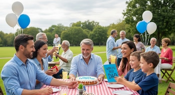 Grupo de personas de distintas edades celebra el Día del Padre en un parque con globos. Un padre sonríe mientras recibe un pastel y una tarjeta de sus hijos.