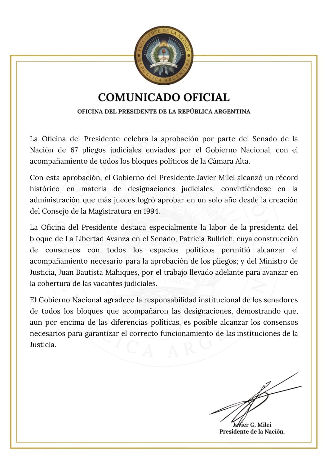 El comunicado que compartió la Oficina del Presidente