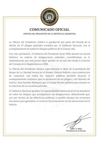 El comunicado que compartió la Oficina del Presidente