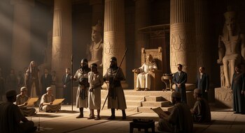 Un visir en un trono, guardias con lanzas, un acusado, escribas sentados con pergaminos, varios hombres, columnas y estatuas de piedra en una sala.