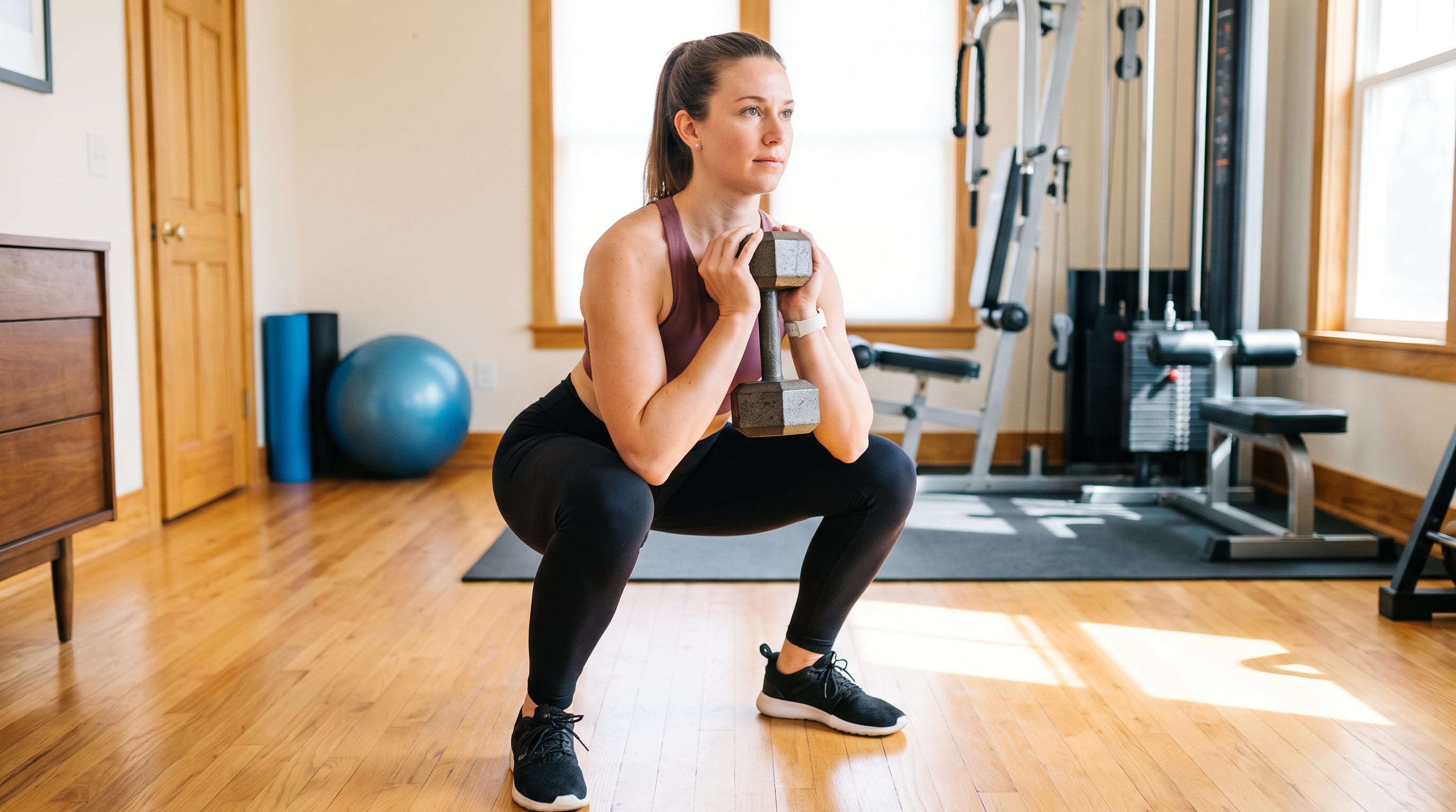 Mujer realiza sentadilla globet con mancuerna en entrenamiento doméstico (Imagen Ilustrativa Infobae)