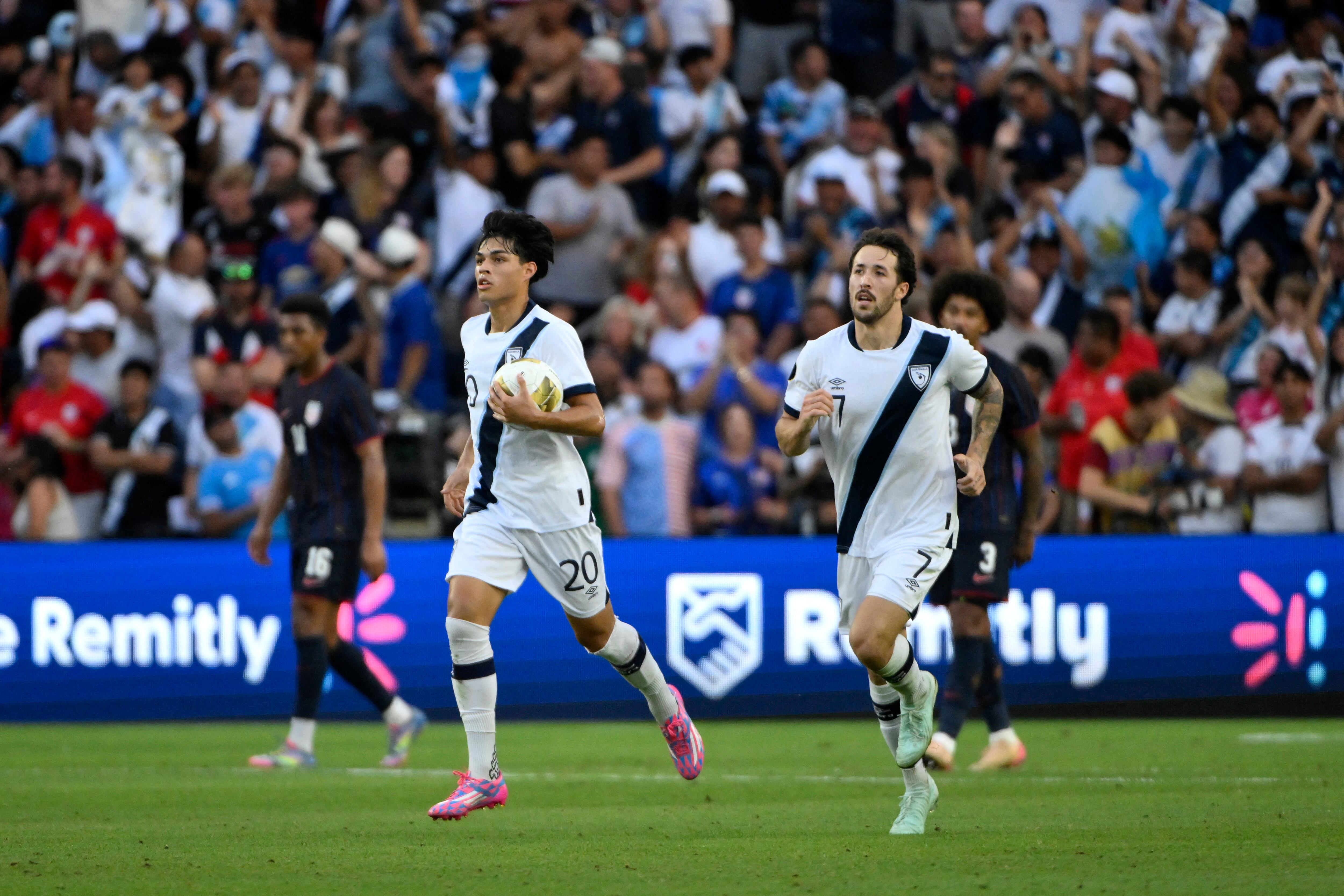 Jul 2, 2025; St. Louis, Missouri, USA; Guatemala forward Olger Escobar (20) celebrates after scoring a goal against the United States of America in the second half during a semifinal match of the 2025 Gold Cup at Energizer Park. Mandatory Credit: Jeff Curry-Imagn Images