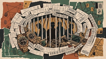 Ilustración en collage con recibos y códigos de barras como barrotes sobre siluetas humanas, relojes de lujo, teléfonos y computadoras.