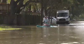 Una persona rema arrodillada en una tabla sobre una calle cubierta de agua, cerca de árboles y una furgoneta blanca