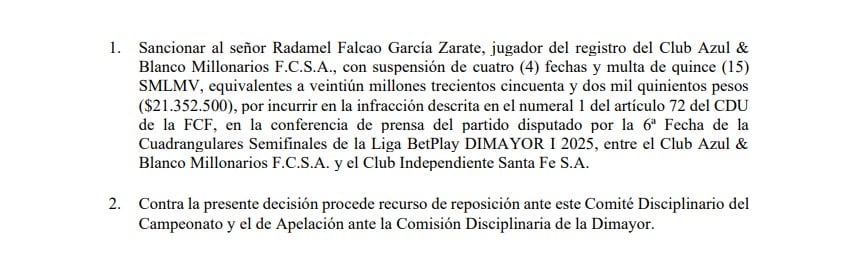 Esta es la sanción del comité disciplinario de la Dimayor contra Falcao García, que se pierde el inicio de la Liga BetPlay 2026-I - crédito Dimayor