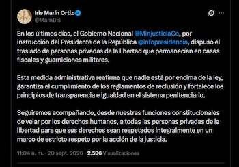 La Defensoría del Pueblo sostuvo que los traslados ordenados por el presidente Abelardo de la Espriella refuerzan la igualdad ante la ley en el sistema penitenciario - crédito X
