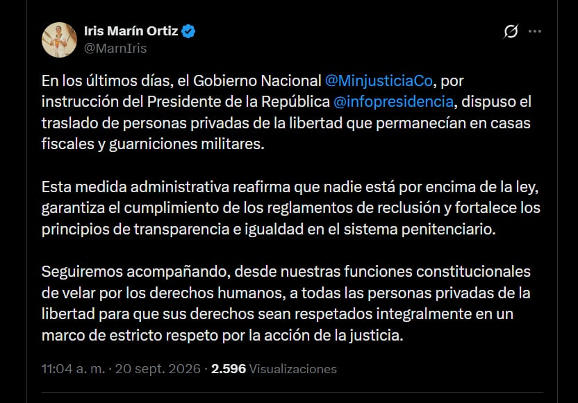 La Defensoría del Pueblo sostuvo que los traslados ordenados por el presidente Abelardo de la Espriella refuerzan la igualdad ante la ley en el sistema penitenciario - crédito X