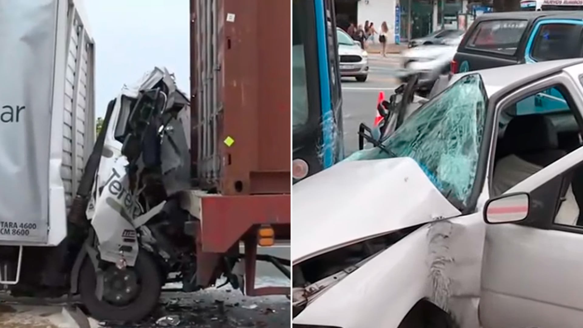 Dos heridos en accidentes en CABA: un colectivo y un auto chocaron cerca del Obelisco y un camión quedó destrozado en una autopista