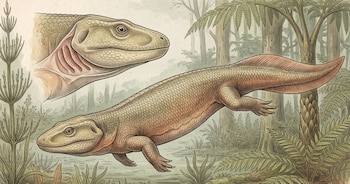 Dibujo de un animal acuático prehistórico en un bosque de helechos con un detalle anatómico de su cabeza y branquias
