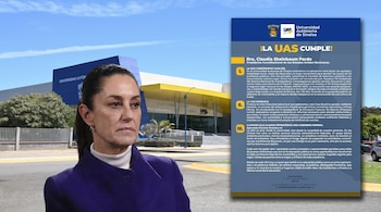 La Dra. Claudia Sheinbaum en primer plano, con el edificio de la Universidad Autónoma de Sinaloa de fondo y un comunicado sobre crisis financiera.