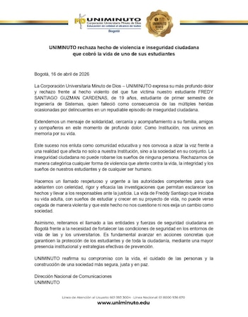 Comunicado de la Corporación Universitaria Minuto de Dios (Uniminuto) - crédito Uniminuto