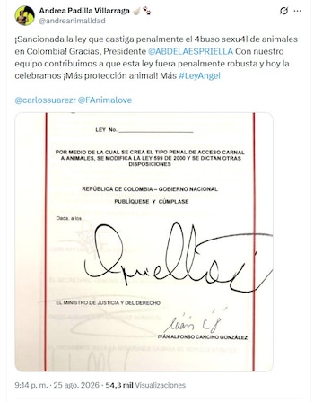 La senadora Padilla le agradeció a De la Espriella por sancionar la ley - crédito @andreanimalidad/X