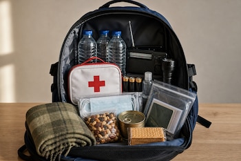 Mochila azul abierta sobre una mesa con botellas de agua, botiquín, linterna, radio, mascarillas, alimentos no perecederos y una manta.