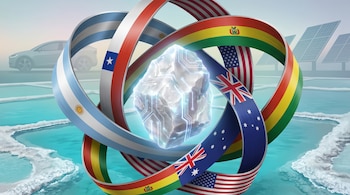 Ilustración de un cristal de litio brillante con circuitos, rodeado por cintas con banderas de Argentina, Chile, Bolivia, Australia y EE.UU., sobre estanques de evaporación y vehículos eléctricos.