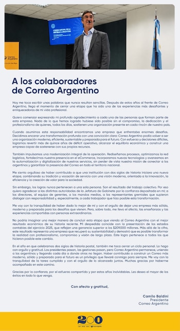 Carta de renuncia del presidente del Correo