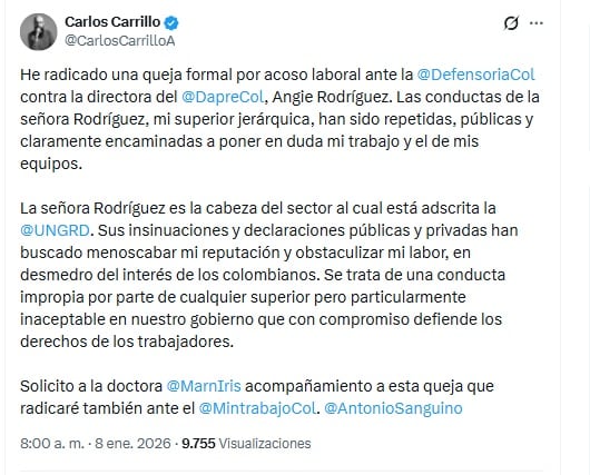 Carrillo contó detalles de su denuncia a través de su cuenta de X la mañana del jueves 8 de enero de 2025 - crédito @CarlosCarrilloA/X