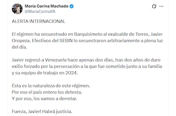 Captura de pantalla de una publicación en red social de la cuenta verificada de María Corina Machado con texto en español