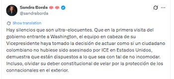 Sandra Borda criticó al gobierno entrante por no pronunciarse tras la muerte de Joan Sebastián Durán Guerrero - crédito @sandraborda/X