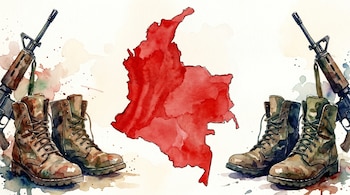 Ilustración en acuarela de un mapa rojo de Colombia, flanqueado por dos pares de botas militares y las puntas de dos armas de fuego sobre un fondo claro.
