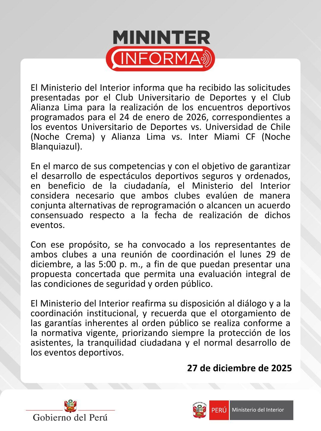 Comunicado del Mininter sobre la Noche Blanquiazul y Noche Crema