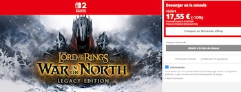 Página de Nintendo eShop con la portada del videojuego The Lord of the Rings War in the North Legacy Edition y un precio en oferta de 17,55 euros