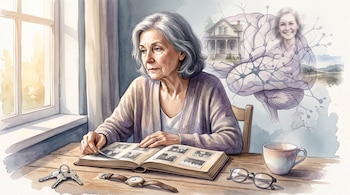 Una mujer sentada frente a un álbum abierto en una mesa con llaves, un reloj, anteojos y una taza, junto al dibujo de un cerebro y neuronas.