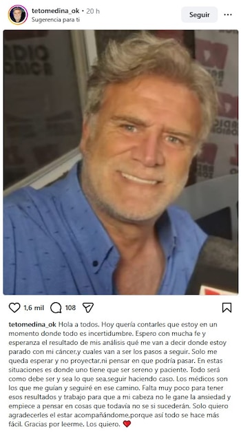 Marcelo Teto Medina aguarda los resultados de sus análisis tras el ciclo de quimioterapia para tratar el cáncer (Instagram)