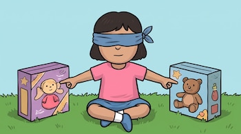 Una niña con los ojos vendados sentada en el césped apunta a una caja púrpura con una muñeca y una caja azul con un oso de peluche bajo un cielo celeste.