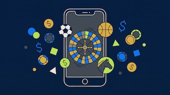 Smartphone con ruleta de casino, pelota de fútbol, básquet y caballo en pantalla, rodeado de fichas de póker, símbolos de dólar y formas geométricas.