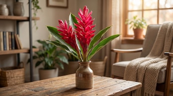 Dos flores de jengibre rojo vibrante con hojas verdes en un jarrón de cerámica marrón sobre una mesa de madera rústica, con un estante y un sillón al fondo.