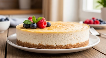 Tarta de queso entera con base de galleta, decorada con arándanos, frambuesas y menta, servida en un plato blanco sobre una mesa de madera.