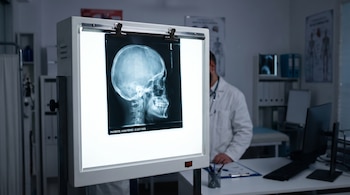 Radiografía lateral de cráneo colocada sobre una pantalla iluminada en un consultorio médico con un doctor al fondo.